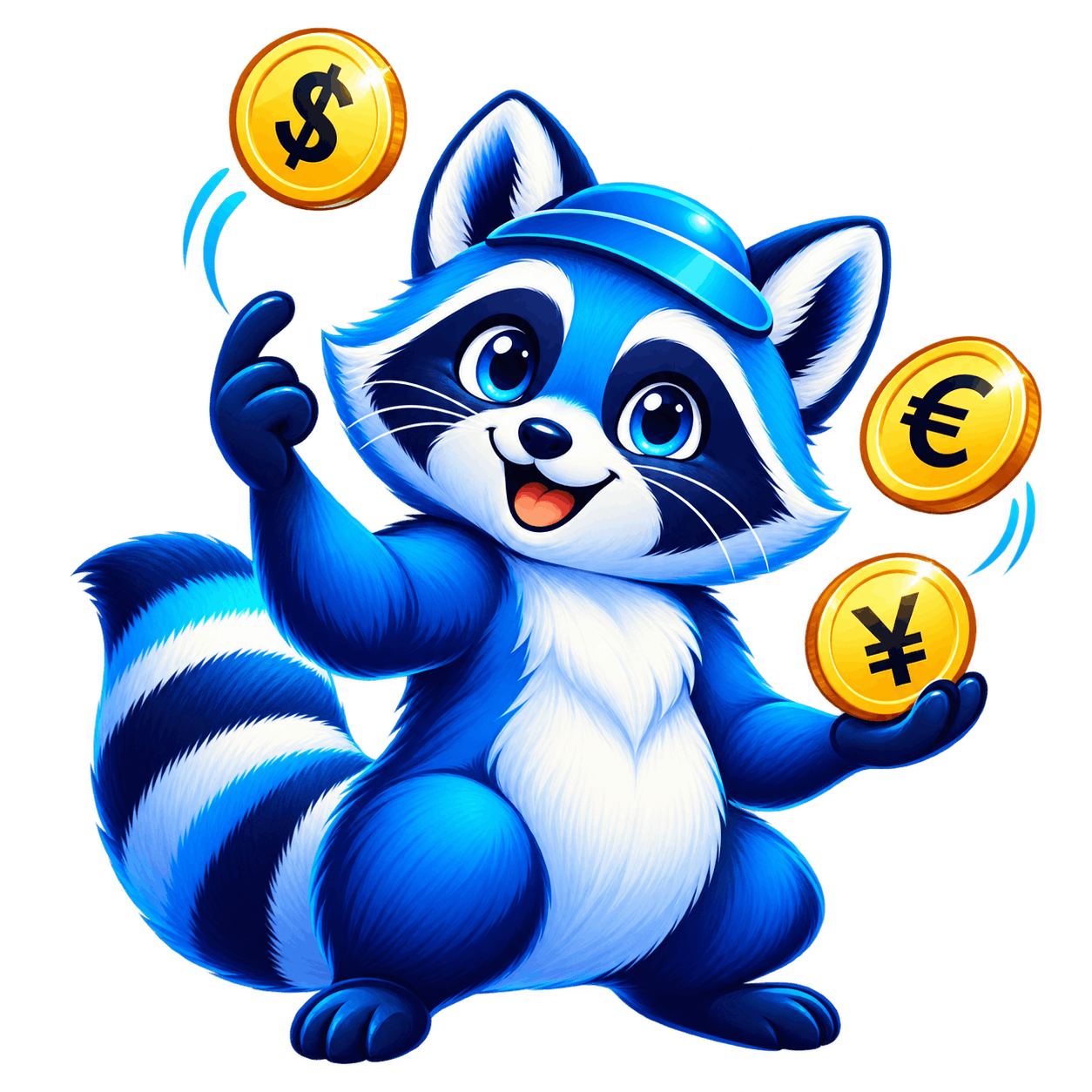 WPCS mascot — raccoon juggling currency coins